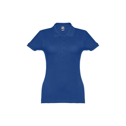 THC EVE promotional polo shirt in royal blue (detail view) with custom logo branding