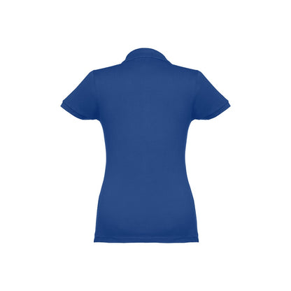 THC EVE promotional polo shirt in royal blue (detail view) with custom logo branding