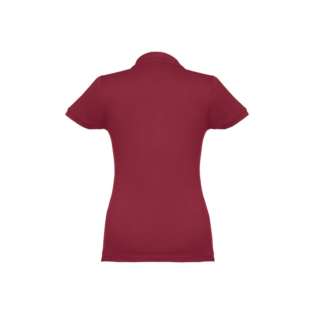 THC EVE promotional polo shirt in burgundy (detail view) with custom logo branding