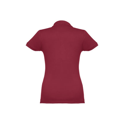 THC EVE promotional polo shirt in burgundy (detail view) with custom logo branding