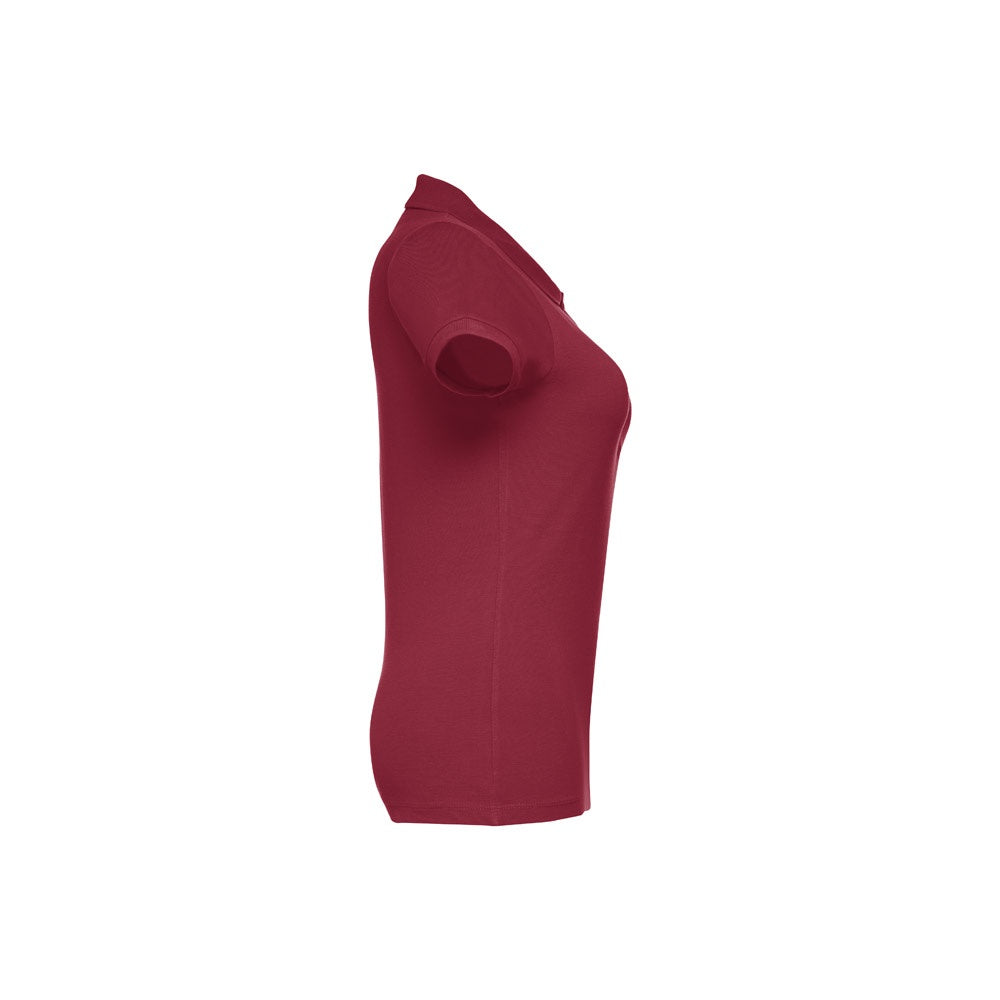 THC EVE promotional polo shirt in burgundy (detail view) with custom logo branding