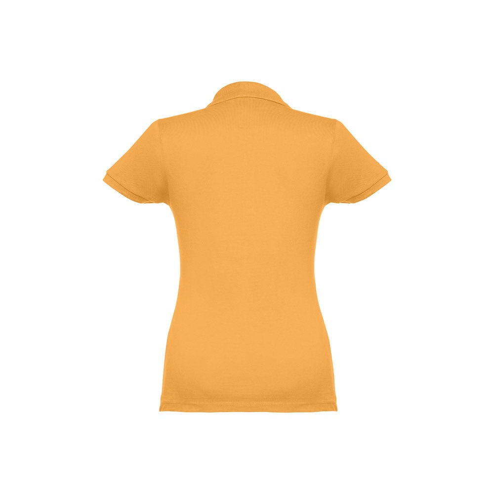 THC EVE promotional polo shirt in dark yellow (detail view) with custom logo branding