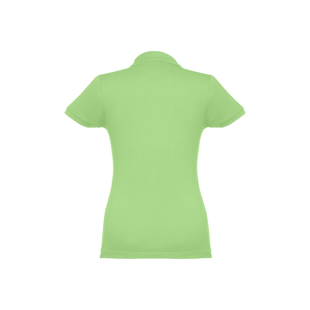 THC EVE promotional polo shirt in light green (detail view) with custom logo branding