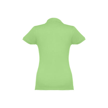 THC EVE promotional polo shirt in light green (detail view) with custom logo branding