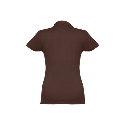 THC EVE promotional polo shirt in dark brown (detail view) with custom logo branding