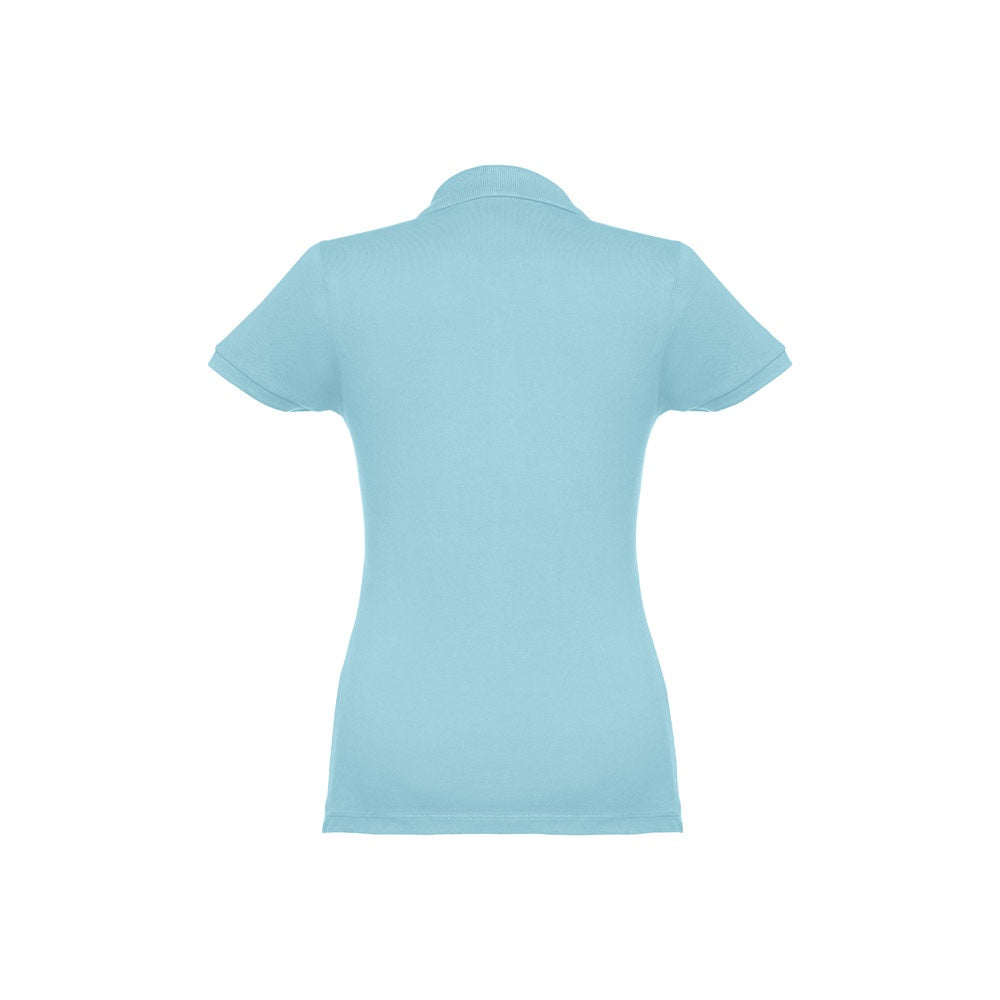 THC EVE promotional polo shirt in light blue (detail view) with custom logo branding