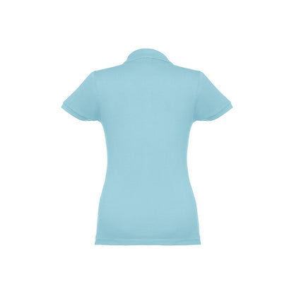 THC EVE promotional polo shirt in light blue (detail view) with custom logo branding