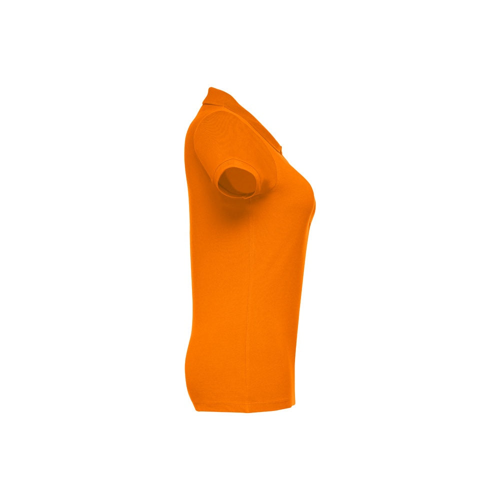 THC EVE promotional polo shirt in orange (detail view) with custom logo branding