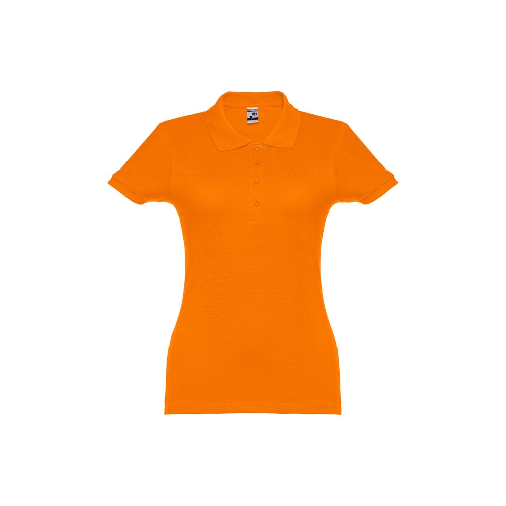 THC EVE promotional polo shirt in orange with custom logo branding