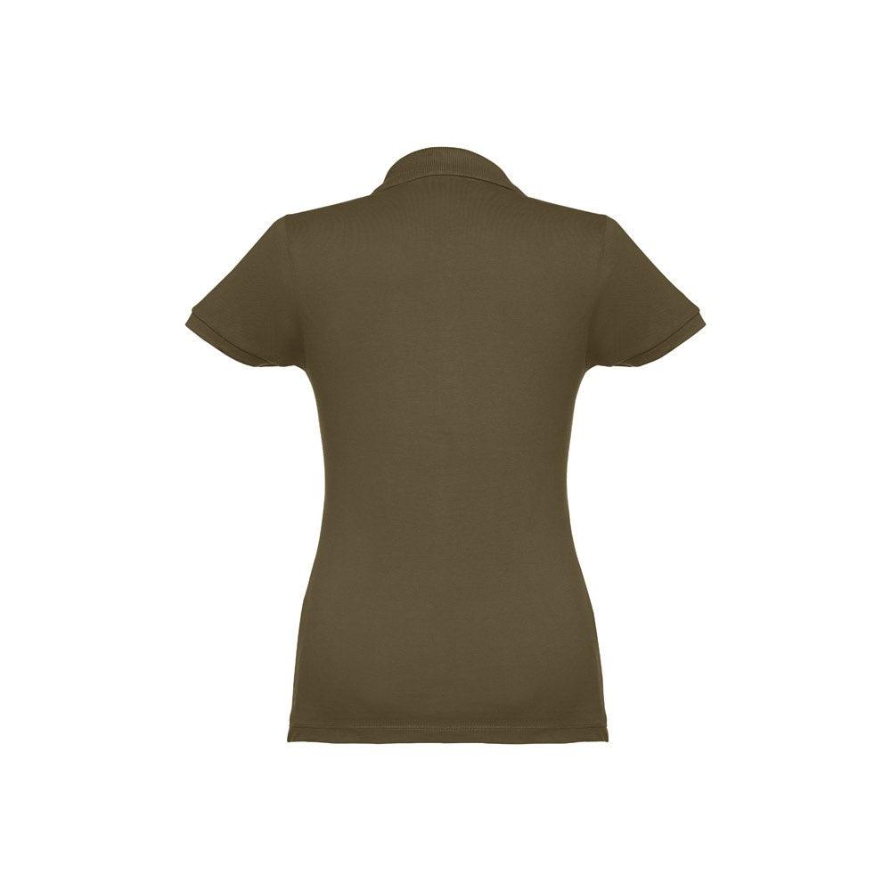 THC EVE promotional polo shirt in army green (detail view) with custom logo branding