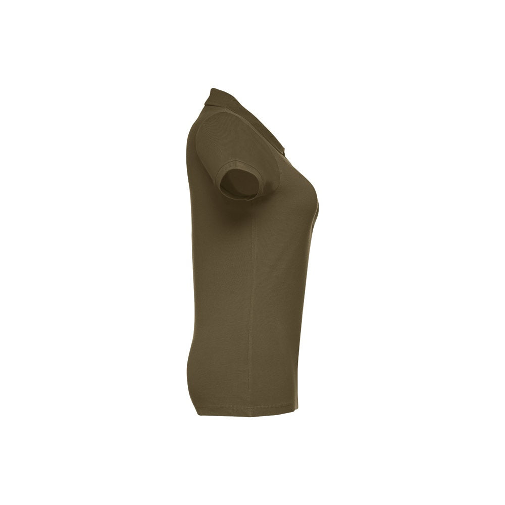 THC EVE promotional polo shirt in army green (detail view) with custom logo branding