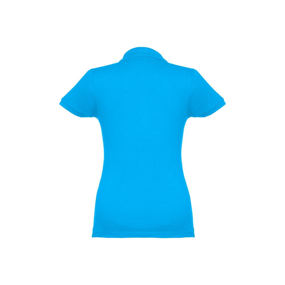 THC EVE promotional polo shirt in acqua blue (detail view) with custom logo branding