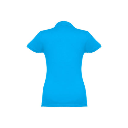 THC EVE promotional polo shirt in acqua blue (detail view) with custom logo branding