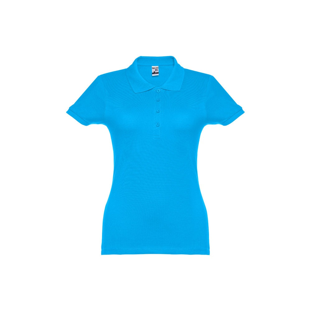 THC EVE promotional polo shirt in acqua blue with custom logo branding