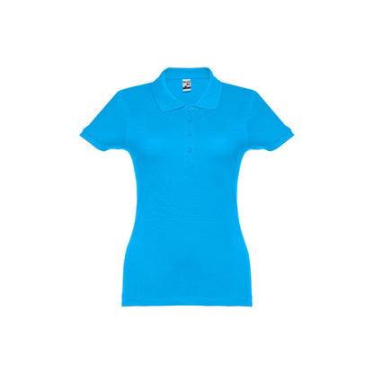 THC EVE promotional polo shirt in acqua blue with custom logo branding