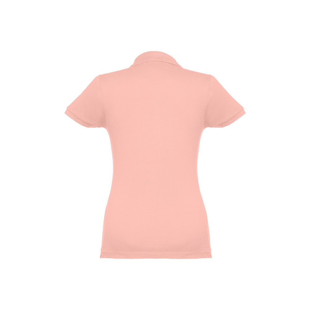 THC EVE promotional polo shirt in salmon (detail view) with custom logo branding