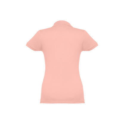 THC EVE promotional polo shirt in salmon (detail view) with custom logo branding