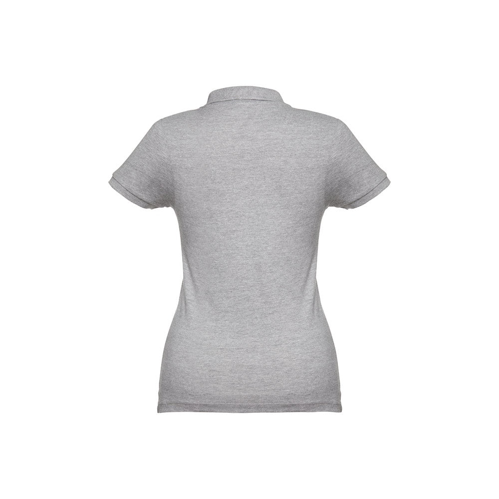 THC EVE promotional polo shirt in heather light grey (detail view) with custom logo branding
