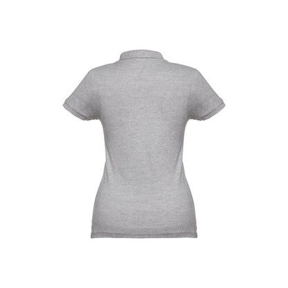 THC EVE promotional polo shirt in heather light grey (detail view) with custom logo branding