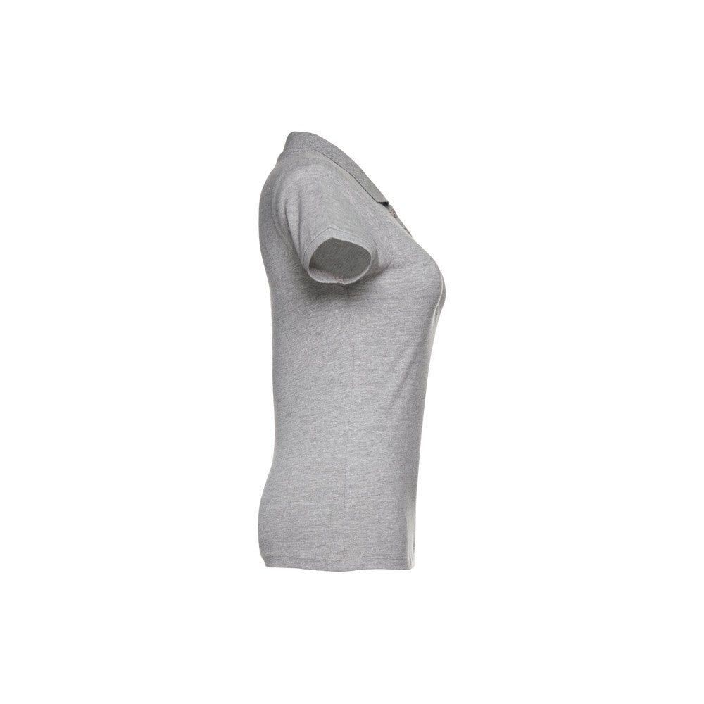 THC EVE promotional polo shirt in heather light grey (detail view) with custom logo branding
