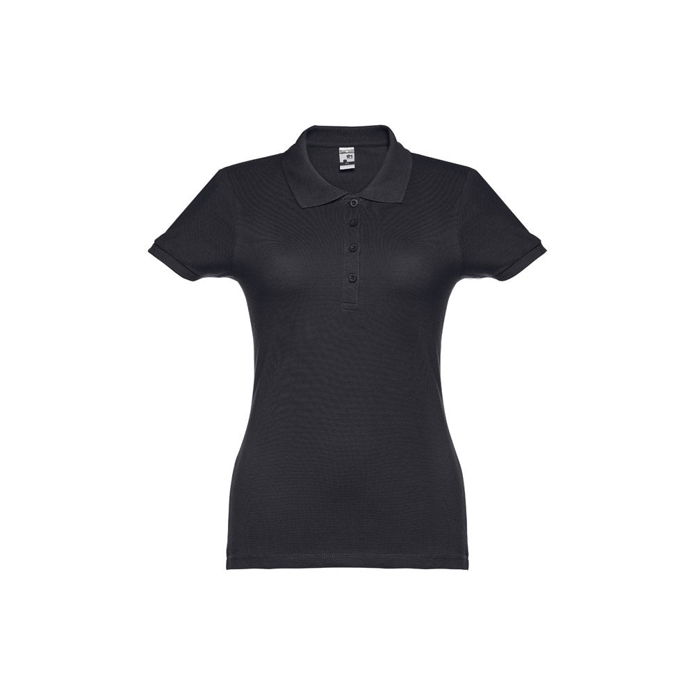 THC EVE promotional polo shirt in eclipse blue (detail view) with custom logo branding