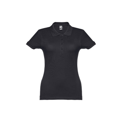 THC EVE promotional polo shirt in eclipse blue (detail view) with custom logo branding