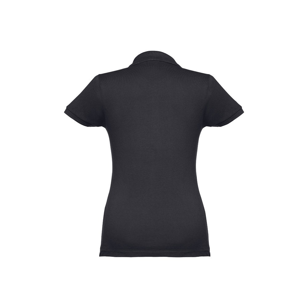 THC EVE promotional polo shirt in eclipse blue (detail view) with custom logo branding