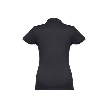 THC EVE promotional polo shirt in eclipse blue (detail view) with custom logo branding