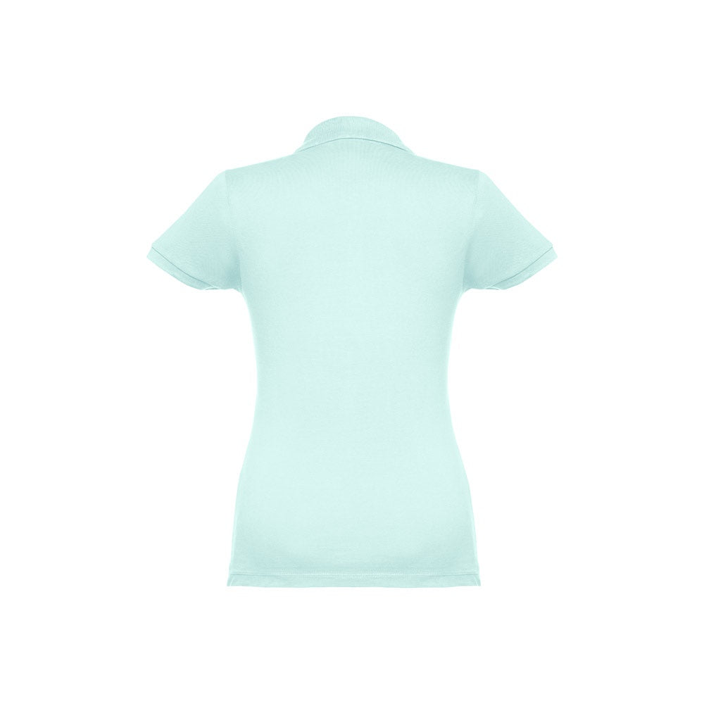 THC EVE promotional polo shirt in mint green (detail view) with custom logo branding