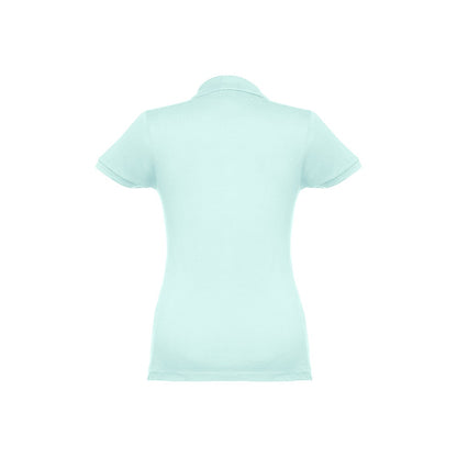 THC EVE promotional polo shirt in mint green (detail view) with custom logo branding