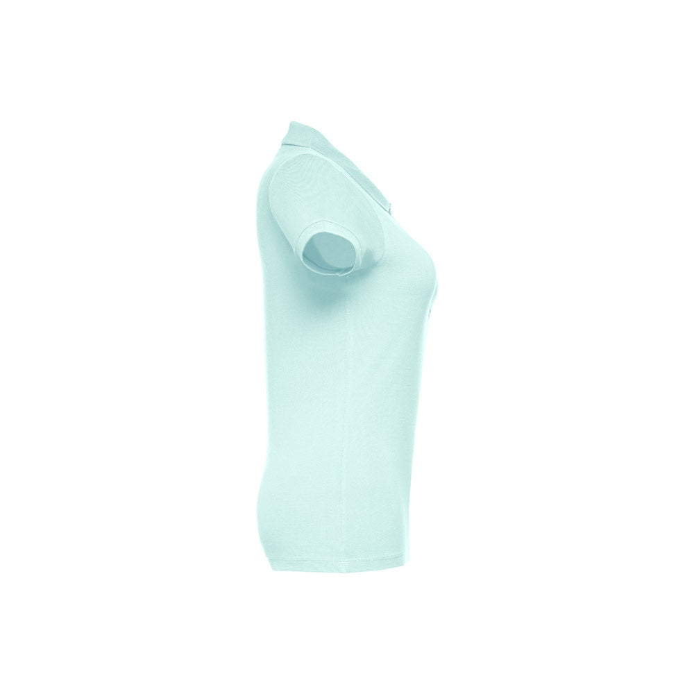 THC EVE promotional polo shirt in mint green (detail view) with custom logo branding