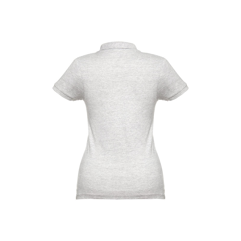 THC EVE promotional polo shirt in melange white (detail view) with custom logo branding