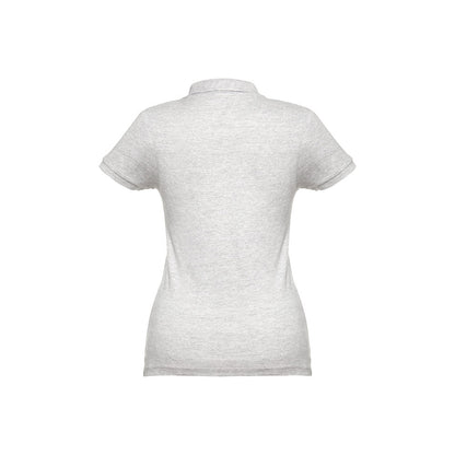 THC EVE promotional polo shirt in melange white (detail view) with custom logo branding