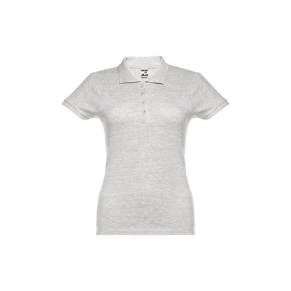 THC EVE promotional polo shirt in melange white with custom logo branding