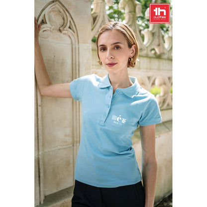THC EVE promotional polo shirt in melange white (complete set view) with custom logo branding