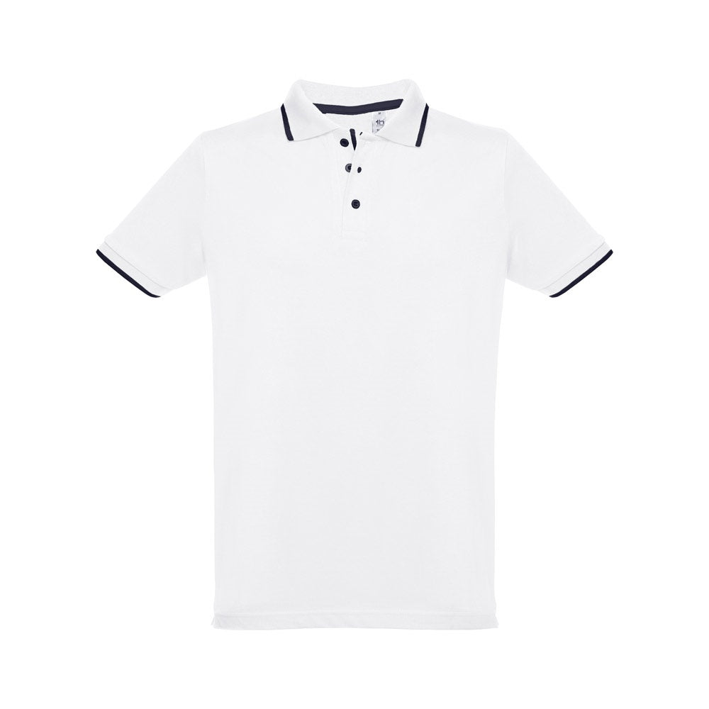 THC ROME WH promotional polo shirt in white (detail view) with custom logo branding