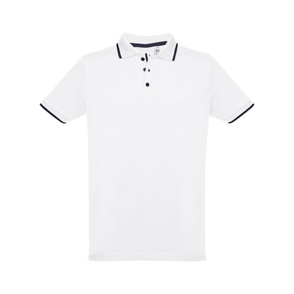 THC ROME WH promotional polo shirt in white (detail view) with custom logo branding
