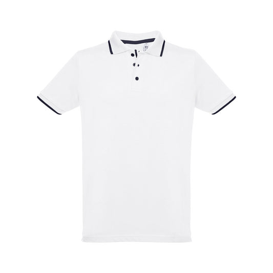 THC ROME WH promotional polo shirt in white (detail view) with custom logo branding