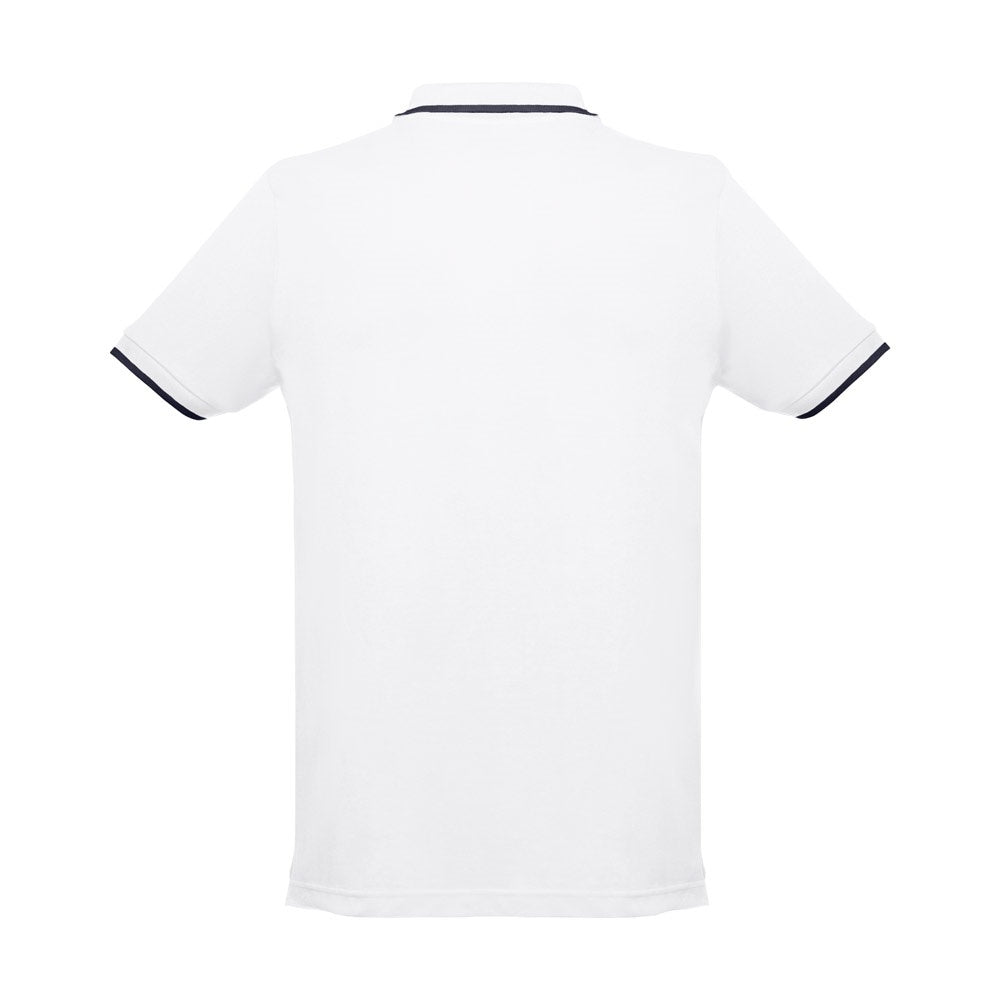 THC ROME WH promotional polo shirt in white (detail view) with custom logo branding