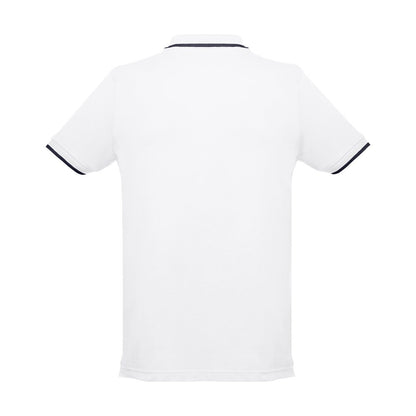 THC ROME WH promotional polo shirt in white (detail view) with custom logo branding