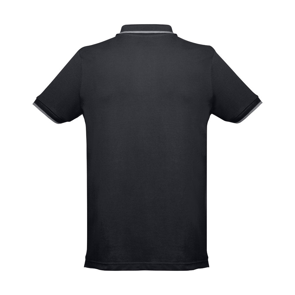 THC ROME promotional polo shirt in black (detail view) with custom logo branding