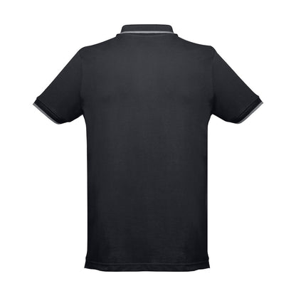 THC ROME promotional polo shirt in black (detail view) with custom logo branding