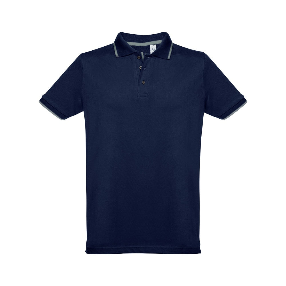 THC ROME promotional polo shirt in blue (detail view) with custom logo branding