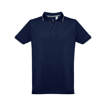 THC ROME promotional polo shirt in blue (detail view) with custom logo branding