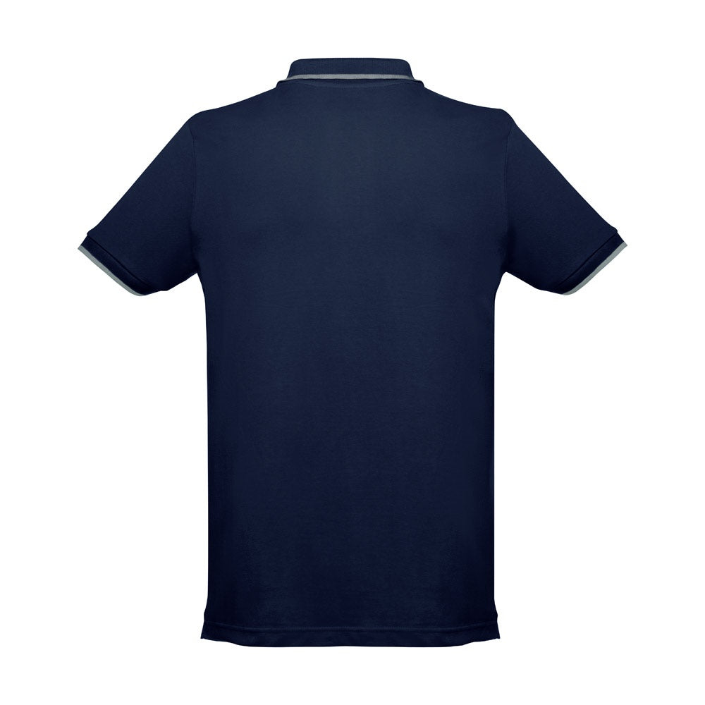 THC ROME promotional polo shirt in blue (detail view) with custom logo branding