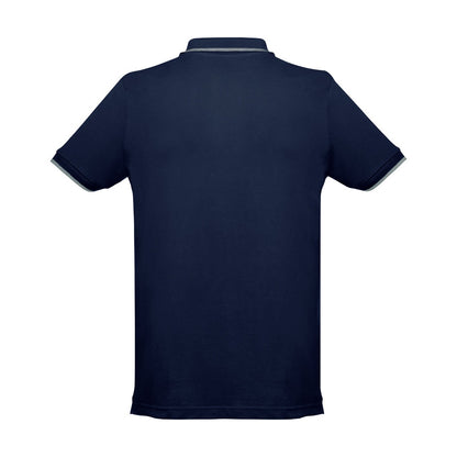 THC ROME promotional polo shirt in blue (detail view) with custom logo branding