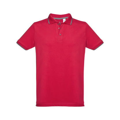 THC ROME promotional polo shirt in red (detail view) with custom logo branding