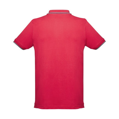 THC ROME promotional polo shirt in red (detail view) with custom logo branding