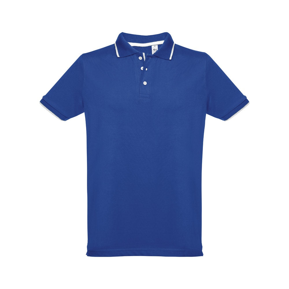 THC ROME promotional polo shirt in royal blue (detail view) with custom logo branding