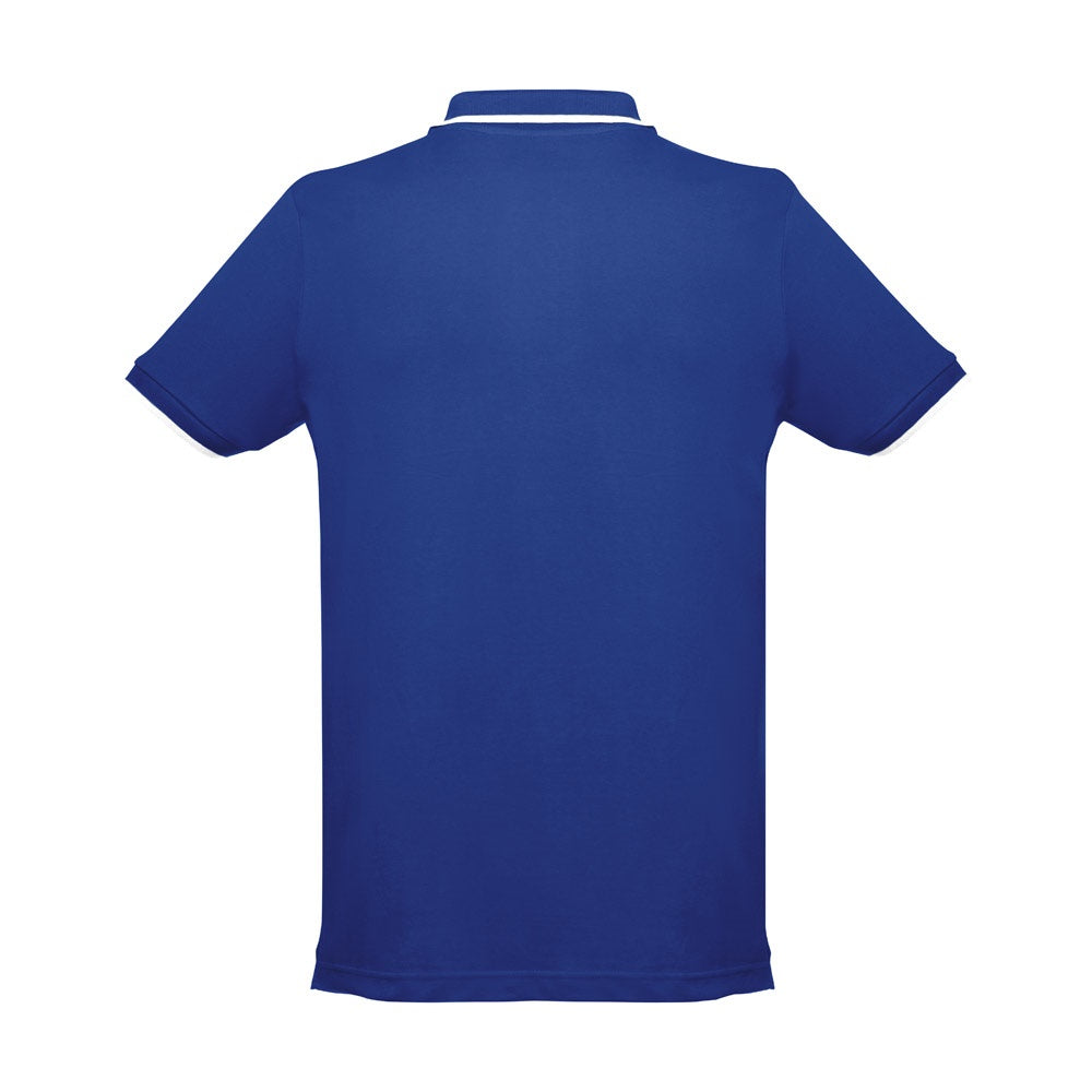THC ROME promotional polo shirt in royal blue (detail view) with custom logo branding